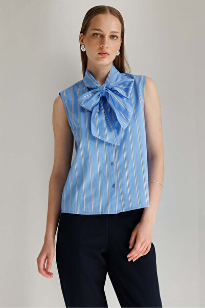 Mixray 4884 Women's Striped Scarf Collar Sleeveless Shirt Blue