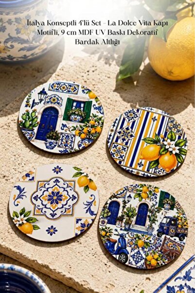 nesnelgift Italy Concept Set of 4 – La Dolce Vita Door Motif, 9 cm Mdf Uv Pri...