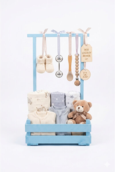 WOODY WOOD DESİGN LİNE SERİSİ AHŞAP BEBEK HEDİYE SEPETİ VE SUNUM STANDI, YENİ...