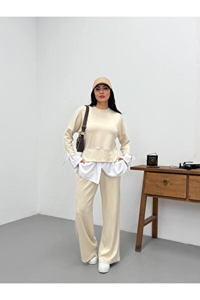 moda paketi Ecru Shirt Detailed Two-Piece Set – Loose-Fit Sweatshirt and Wide...