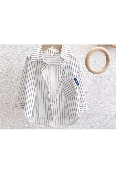 Generic Boys Striped Dress Shirt, White with Black Stripes, Long Sleeve, Butt...