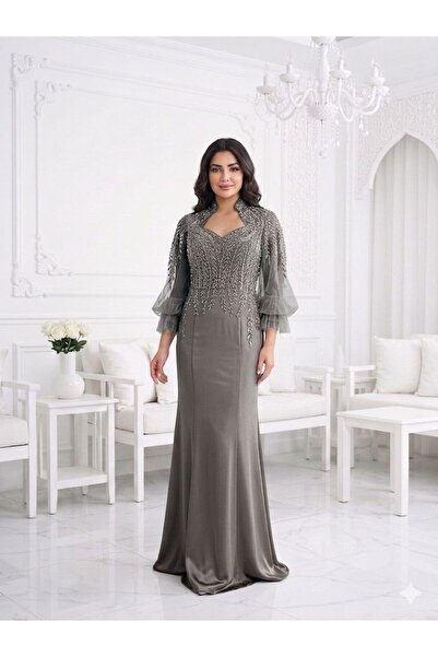 DAY BY DAY Women's Embroidered Evening Dress with Sheer Tulle Sleeves and a P...
