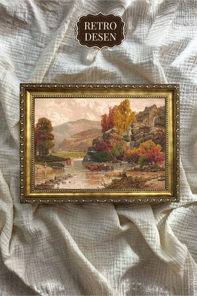 Retro Vintage Çerçeveli Manzara Tablosu, Sonbahar Tablosu, Sanatsal Baskı, Du...