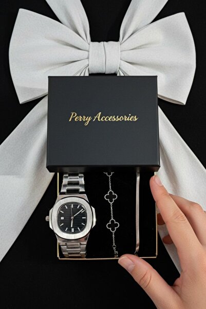 Perry Accesories ÇELİK KASA METAL KORDON SİYAH erkek SAAT VE SİYAH YONCA BİLE...