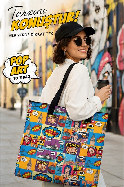 BYBAG حقيبة كتف نسائية بتصميم بوب آرت من اسطنبول - حقيبة حمل من قماش أكسفورد ...