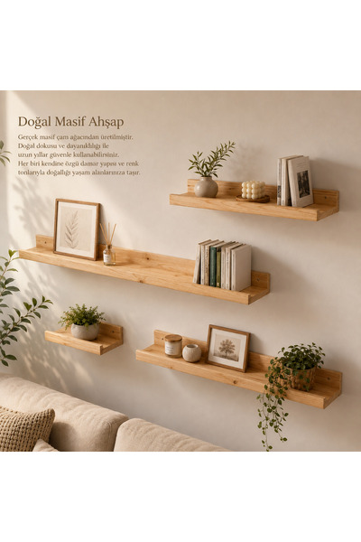 ustawood Doğal Masif Ahşap Duvar Rafı 4'lü Set | Dekoratif Salon ve Oturma Od...
