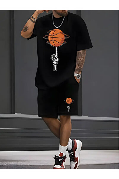 ship master Men's Oversize Basketball Ball & Skeleton Hand Print T-Shirt Shor...