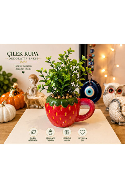 Atak Hediyelik Dekoratif Porselen Çilek Kupa Saksı aranjman 15 cm