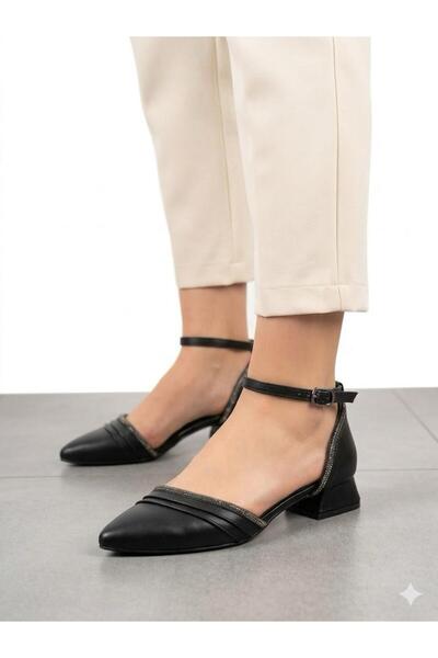 Lütfi Women's Black Thick Heel Comfortable Fit Heeled Ballerina Shoes