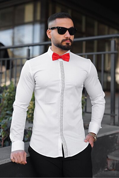 BAYIM Papyonlu Beyaz Slim Fit Gömlek Önü Taş Detaylı Modern Kesim