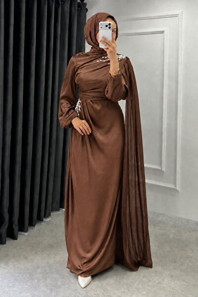 Abiye Diyarı Diores Stone Detailed Cape Janjan Fabric Hijab Evening Dress - B...
