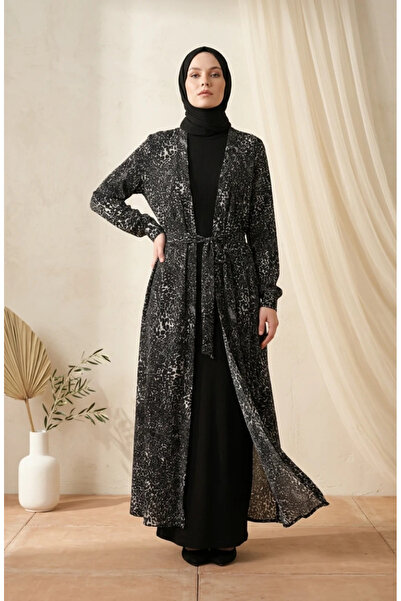 sefamerve Bürümcük Fabric Leopard Abaya Jile Double Set 0511B-01 Black