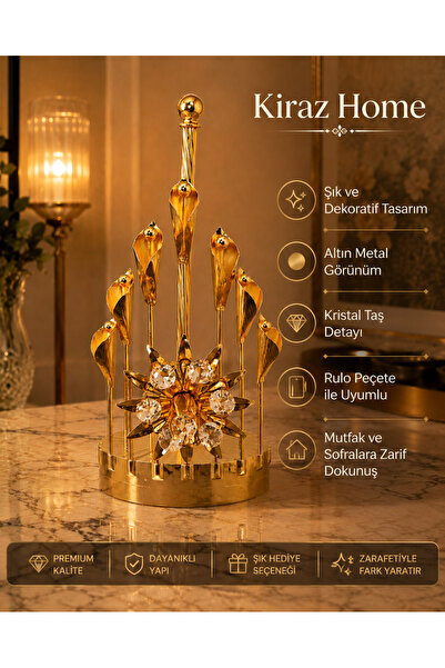 KİRAZHOME Gold Metal Kristal Taşlı Dekoratif Rulo Peçetelik Mutfak Sofra Sunu...