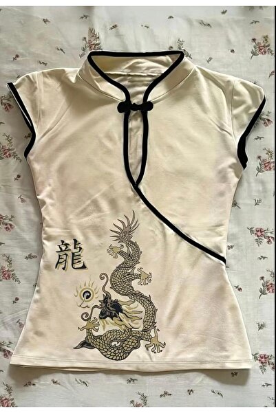 İsra Ayyıldız Moonstar Collection ekru ejder mandarin yaka çin tam boy bluz