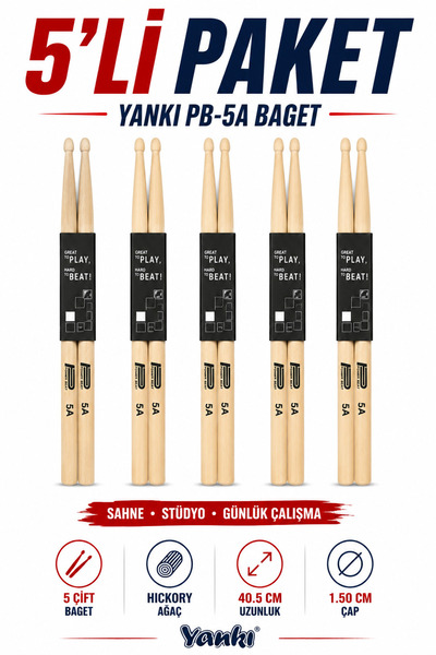 YANKI Powerbeat 5A Hickory palice za bubnjeve, paket od 5 pari, profesionalne...