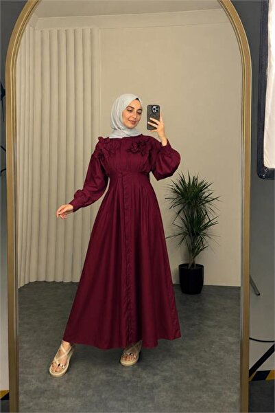 Neşeli Butik فستان نسائي بورجوندي بتفاصيل زهور وحزام خصر، فستان إسلامي فاخر N...