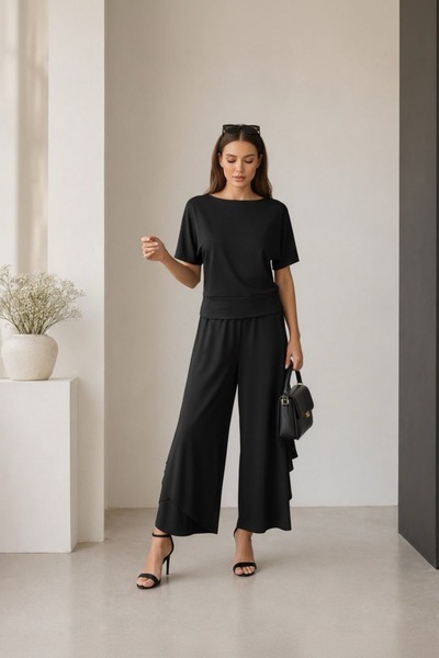 BELISTIL Women's Draped Modal Blouse and Flounce Detailed Palazzo Pants Set
