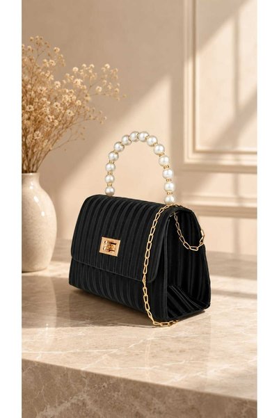 zemihra Pearl Women's Evening Dress Pearl Detailed Chain Strap Lock Closure Hand and Shoulder Bag