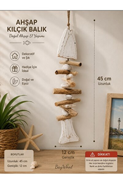 WoodBay Ahşap Kılçık Balık Duvar Süsü 45x12 cm Deniz Taşlı El Yapımı Marin Dekor
