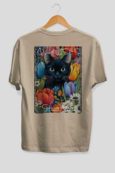 Ankhises For the Love of Cats 63 Cats Printed Beige Oversize T-Shirt 100% Cot...