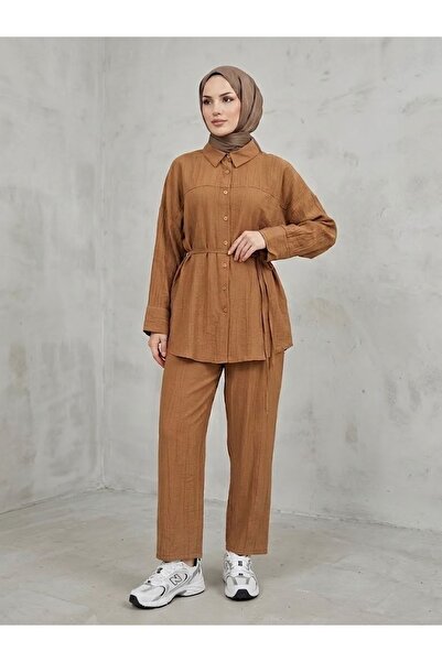 Foremia Roba Detail Strawberry Suit with Trousers-Tan
