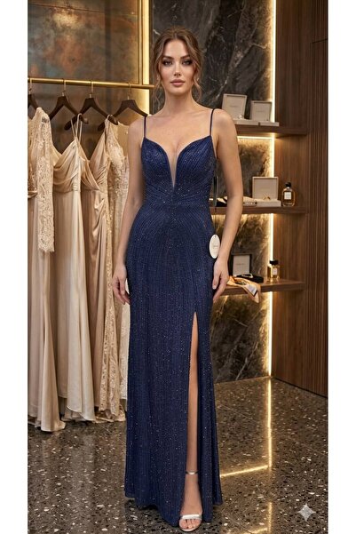 Hot Contact Special Invitation Navy Blue Sparkling Long Evening Dress 5912