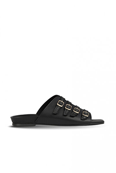 BUENO Black Leather Women's Flat Slippers
