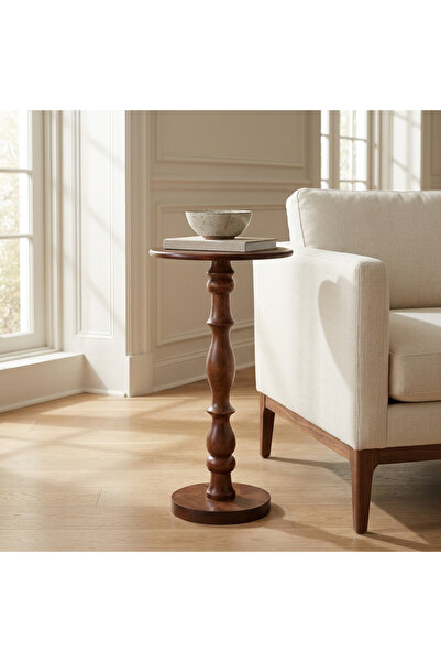 Vi Markets Elegant Indian mango wood side table featuring a classic turned pedestal design that brings warmth, charm, and sophistication to any interior.