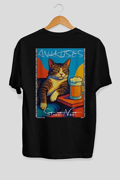 Ankhises For the Love of Cats 62 Cats Printed Black Oversize T-Shirt 100% Cot...