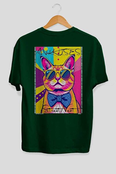 Ankhises 123 Cats for the Sake of Cats Printed Green Oversize T-Shirt 100% Co...