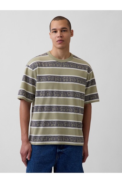 GAP Erkek Haki Keith Haring Oversized Çizgili T-Shirt