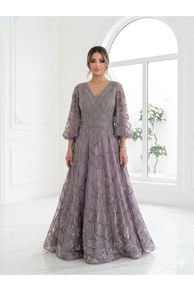 DAY BY DAY Fully Beaded Evening Gown with Sheer Sleeves and Fully Lined