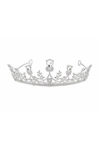 OEM Simple silver tiara with teardrop crystal and leaves
