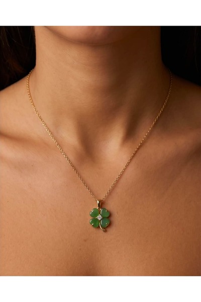 Portakal Esintisi Elvora Green Opal Stone Clover Steel Necklace