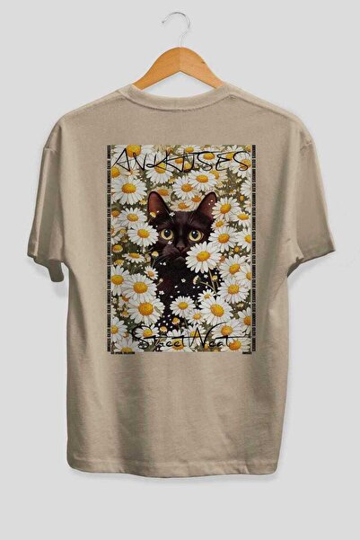 Ankhises For the Love of Cats 121 Cat Printed Beige Oversize T-Shirt 100% Cot...