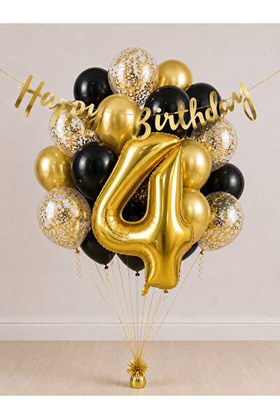 Balonsan -4- Golden Happy Birthday Banner Themed Balloon Bundle 15 Pieces