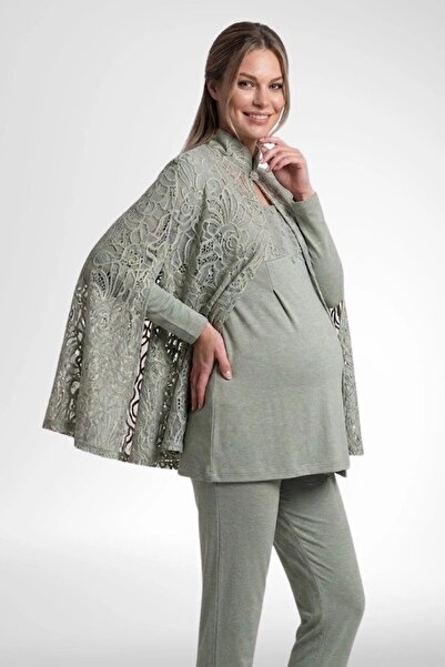 By Mecit Pijama Women's Long Sleeve Lace Cape Maternity (Pregnant) 3-Piece Pa...