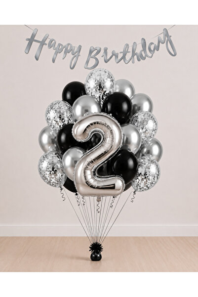 Balonsan -2- Age Silver Happy Birthday Banner Themed Balloon Bundle 15 Pieces