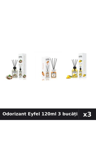 Eyfel Set 3 Odorizant Camera Betisoare 120ml - Nucă Cocos, Piersică, Ananas