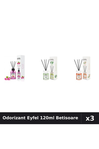 Eyfel Set 3 Odorizant Camera Betisoare 120ml - Trandafir, Iasomie, Acacia