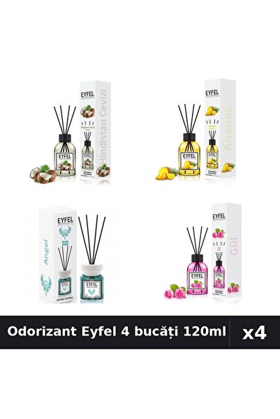 Eyfel Set 4 Odorizant Cameră Betișoare 120ml - Cocos, Ananas, Angel, Trandafir