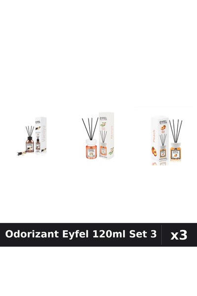 Eyfel Set 3 Odorizant Camera Betișoare 120ml - Vanilie, Acacia, Piersică