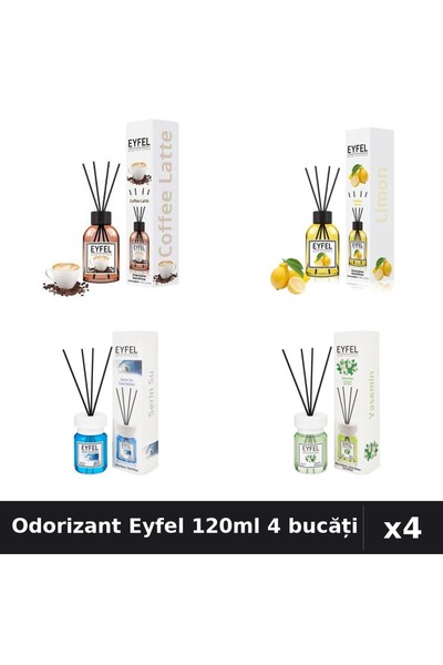 Eyfel Set 4 Odorizant Camera Betisoare 120ml - Cafea, Lămâie, Cool Water, Ias...