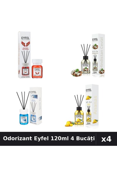 Eyfel Set 4 Odorizant Cameră Betișoare 120ml - Ananas, Cool Water, Nucă Cocos...