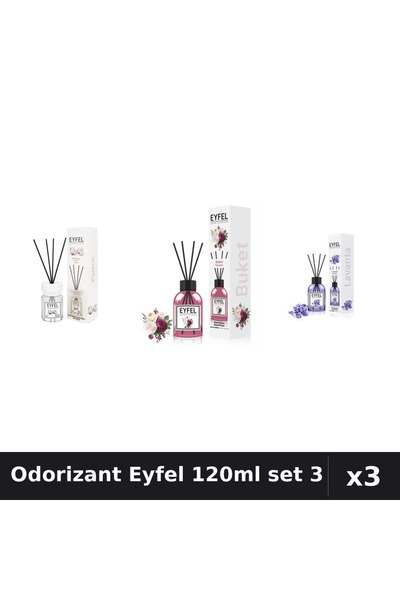 Eyfel Set 3 Odorizant Camera Betișoare 120ml - Bumbac, Bouquet, Lavandă