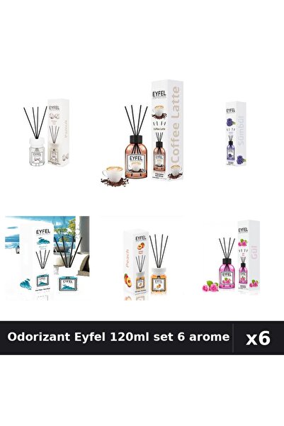 Eyfel Set 6 Odorizante Camera Betisoare 120ml - Bumbac, Cafea, Zambile, Ocean...