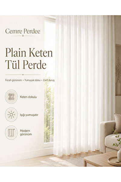 Carrlline Plain Keten Tül Perde Keten Dokulu Beyaz Modern Düz Tül Perde - Cem...