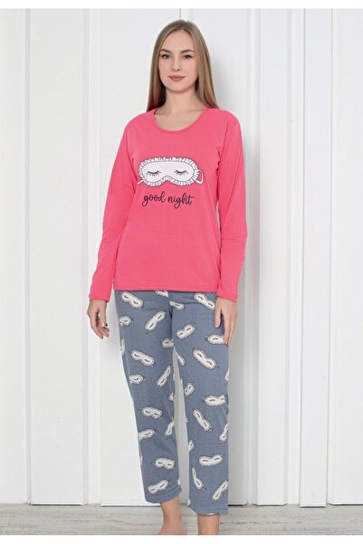 Serena Pijama cu mânecă lungă și pantaloni lungi, imprimeu ,,Good Night", cul...