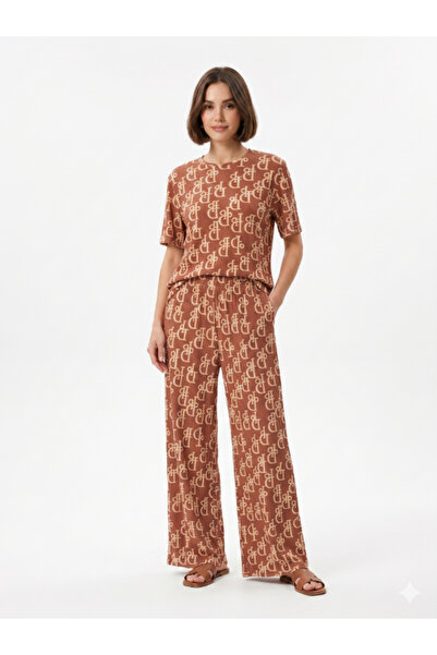Topstar High-End Letter Print Two-Piece Pajama Set - Earthy Brown