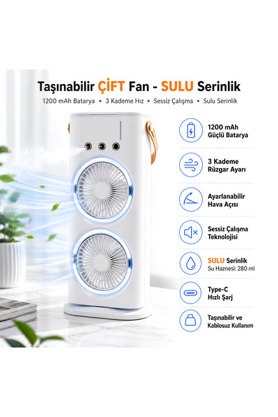 Dexmon Şarjlı Sulu Mini Klima Çift Fanlı 1200 mAh Taşınabilir Ayarlanabilir M...